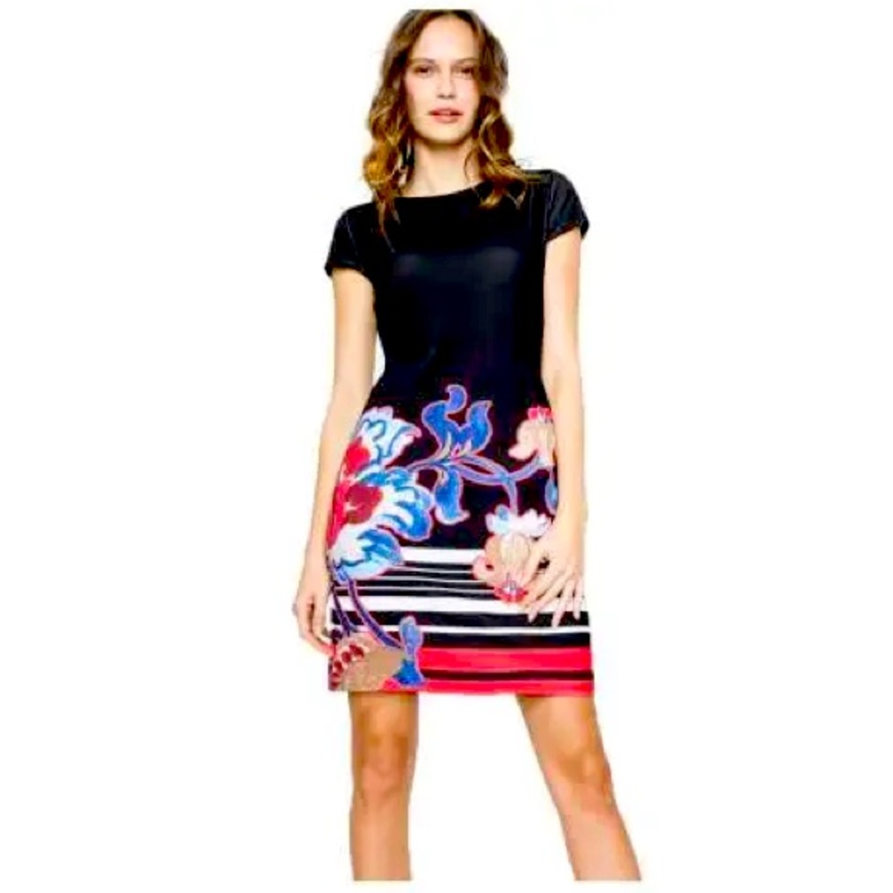 Desigual 🌈 Black Red Blue Floral Striped Dress